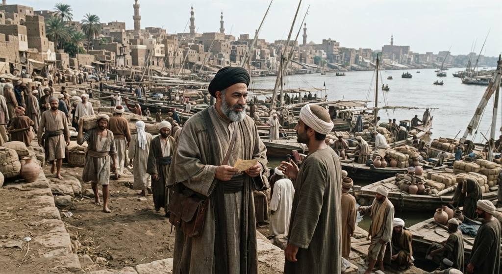 A scholar in traditional robes walks along the busy, bustling merchant docks of the Nile River near the city of Fustat.