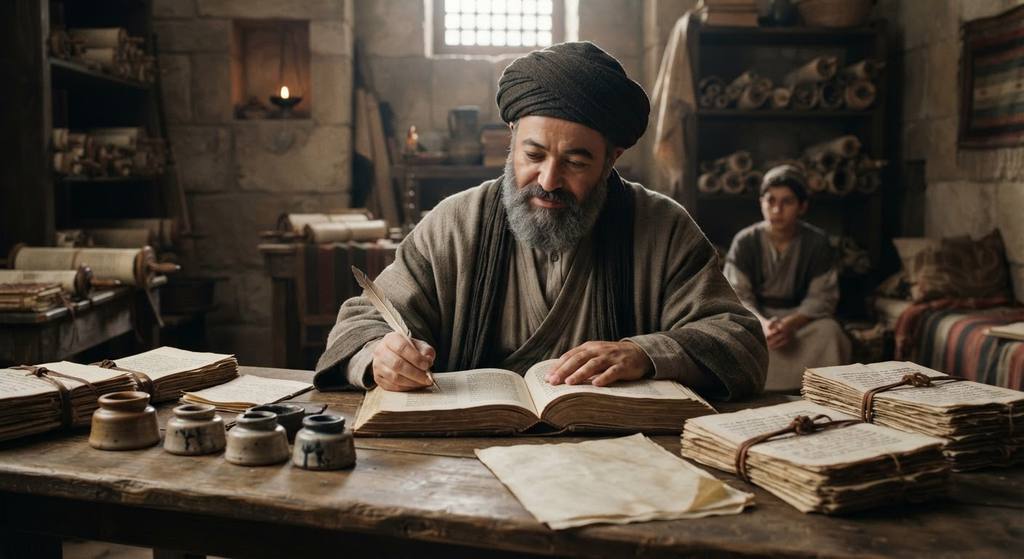 Organized parchment manuscripts and inkwells sit neatly on a wooden desk in a quiet, sunlit room.