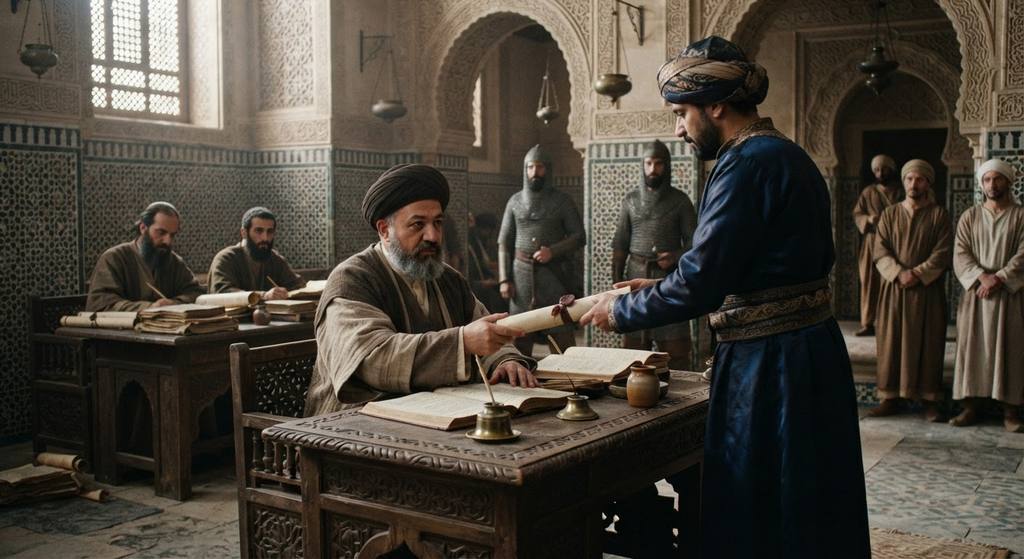 A scholar in a turban stands in an Egyptian courtroom featuring intricate tilework and various medical instruments.