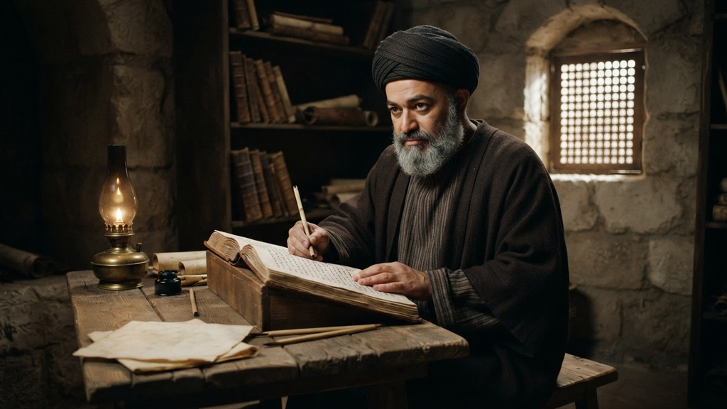 A bound manuscript written in Judeo-Arabic script rests on a table beside a glowing brass oil lamp.