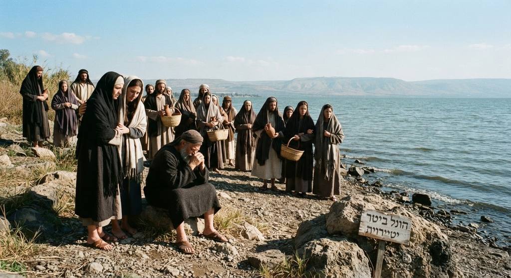 A serene, sun-drenched view of the landscape near the Sea of Galilee under a clear blue sky.