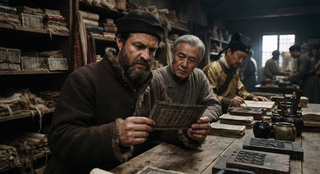 Merchants examine stamped mulberry paper banknotes inside a Yuan Dynasty treasury.