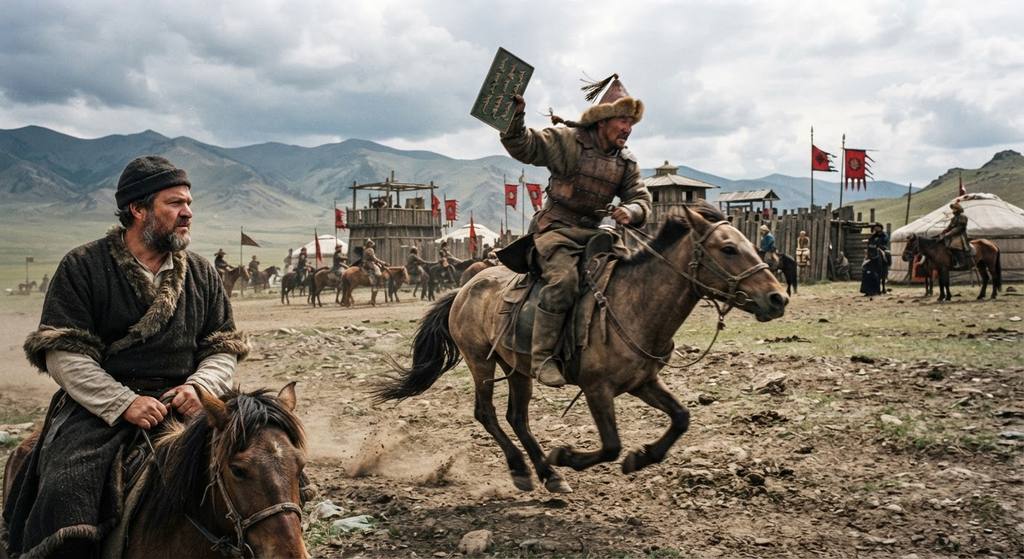 A Mongol courier on horseback gallops toward a post station while holding an official tablet.
