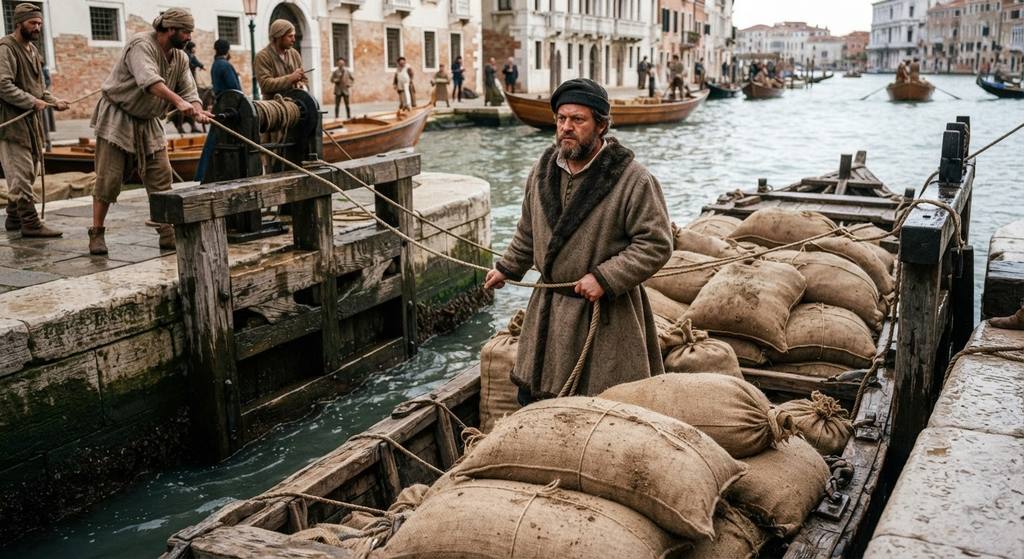 Flat-bottomed barges loaded with grain navigate an engineered lock on the Grand Canal.