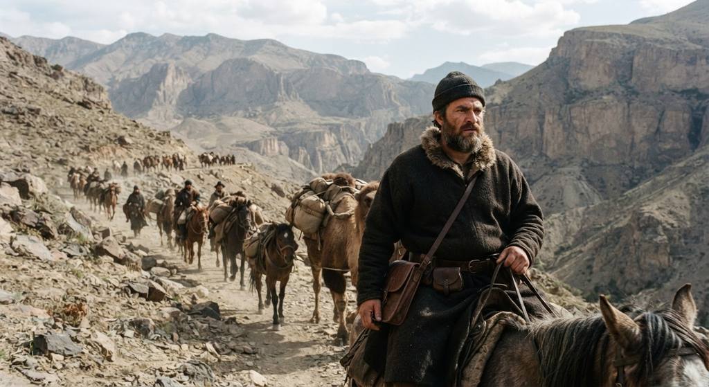 A caravan of camels and horses travels through a rugged, rocky mountain pass in Persia.