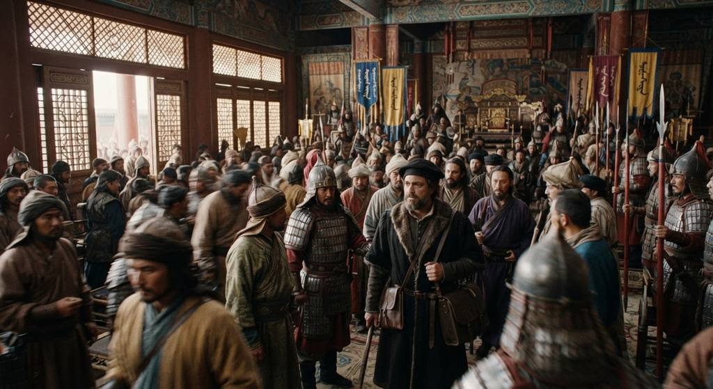 Marco Polo stands in a grand marble court surrounded by Mongol guards and silk banners.