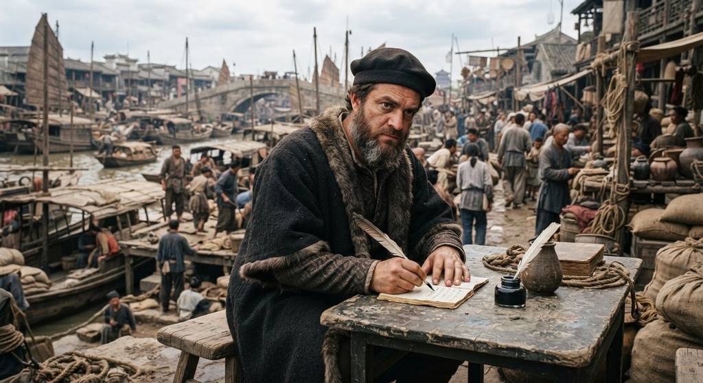 A merchant envoy takes notes near a busy river port in southern China.