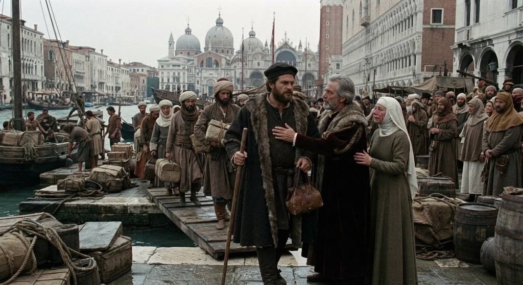 A Venetian family waits on a dock as travelers in Eastern robes disembark from a ship.
