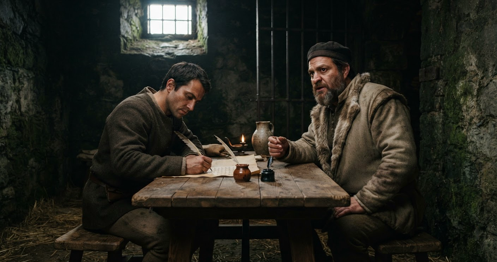Two men sit in a stone dungeon cell as one speaks and the other writes on parchment.