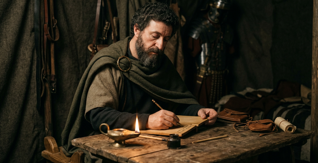 Marcus Aurelius writes thoughtfully by oil lamp light inside his quiet military tent.
