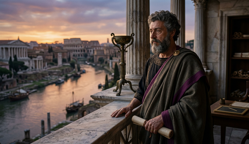 A wide Roman river flows steadily past ancient marble ruins at dusk.