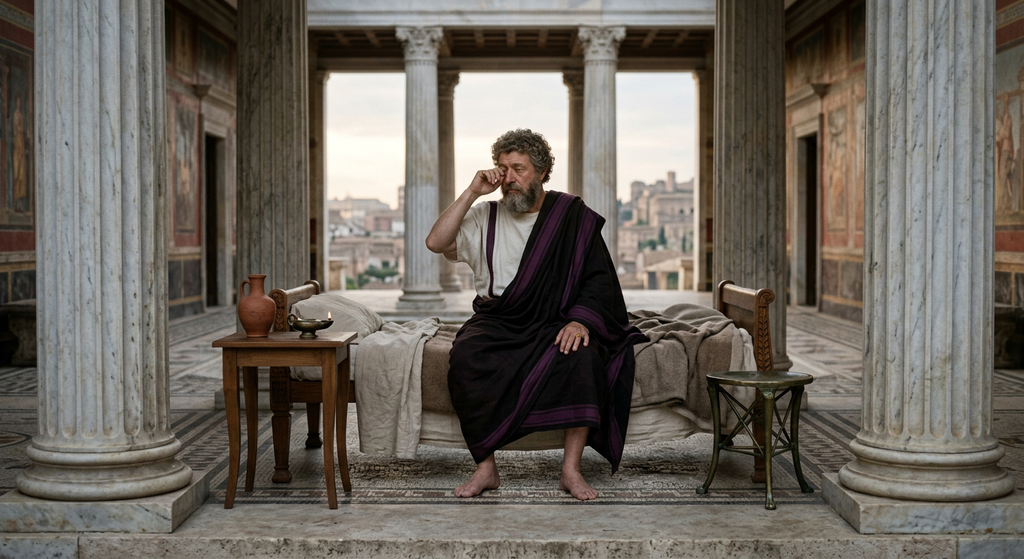 Marcus Aurelius rises at early morning light between towering marble columns.