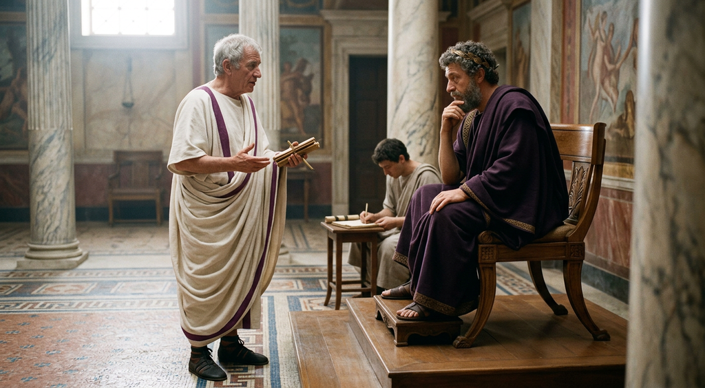 Marcus Aurelius sits patiently listening to a Roman senator speaking before him.