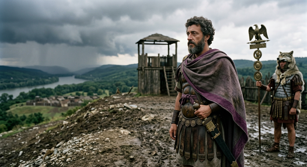 A Roman general stands on a windy frontier hill facing an oncoming storm.