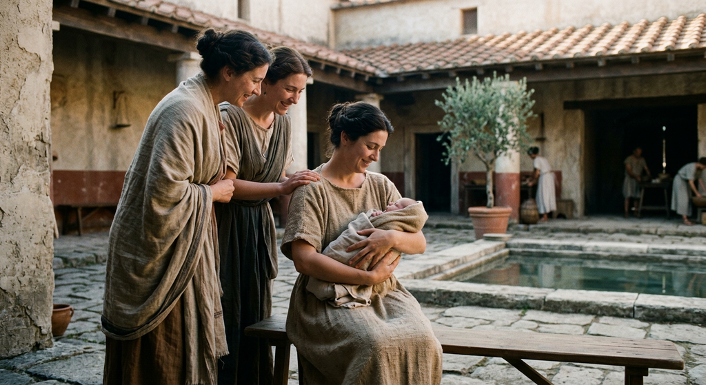 A nurse holds a newborn baby in a Roman villa courtyard at dawn.