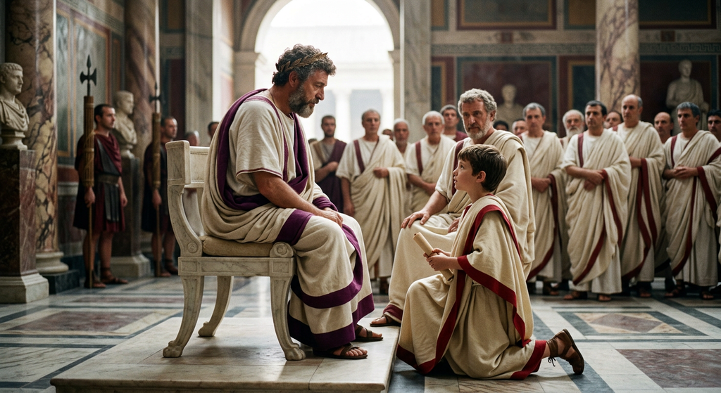 A young Roman wearing a toga stands before the emperor in a lavish imperial hall.