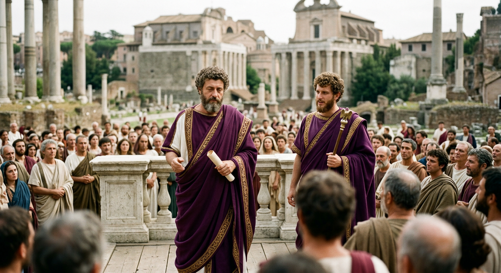 Two Roman co-emperors stand side-by-side facing a large crowd gathered in the Forum.