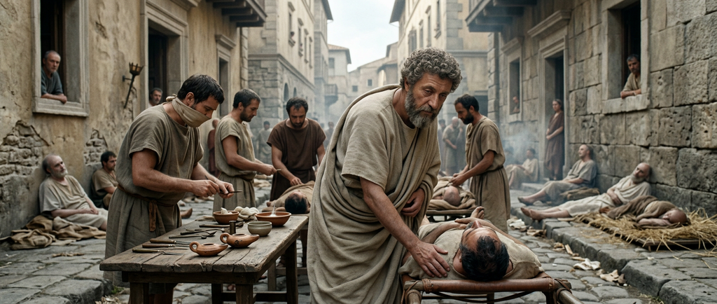 Physicians tend to sick citizens lying on a crowded Roman street during an outbreak.