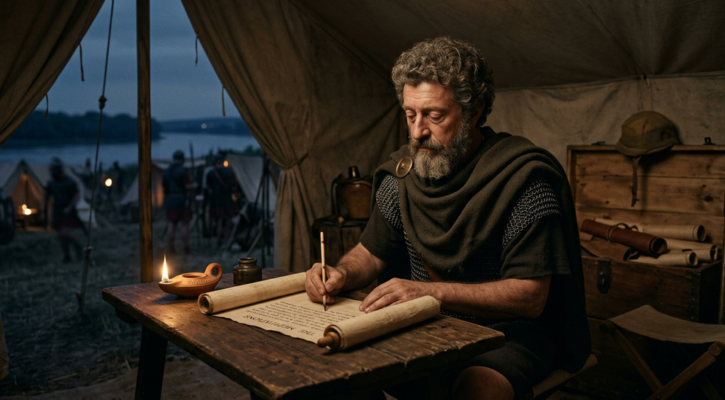 Marcus Aurelius sits writing by oil lamplight inside his military camp tent along the Danube.