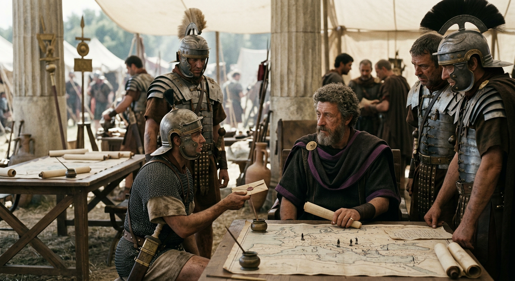 Marcus Aurelius sits with his war council inside a tent as news of a general's revolt arrives.