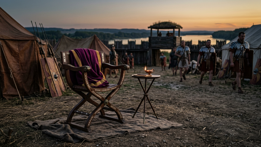 An empty imperial chair sits at dusk inside a quiet Roman military camp on the frontier.