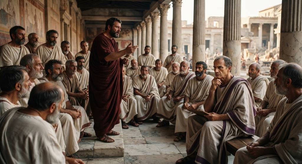 Lucius Licinius Crassus speaks to a group of attentive Roman senators in a shaded portico.