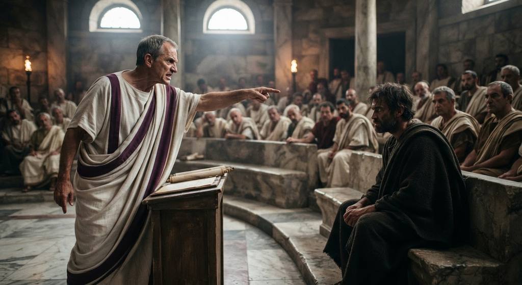 Cicero stands on the Senate floor pointing an accusing finger at Catiline who sits alone on a bench.