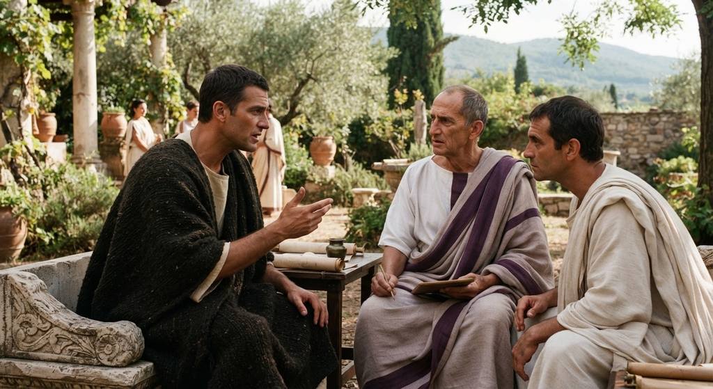Scipio Aemilianus converses with friends in a sunlit Tusculan garden.