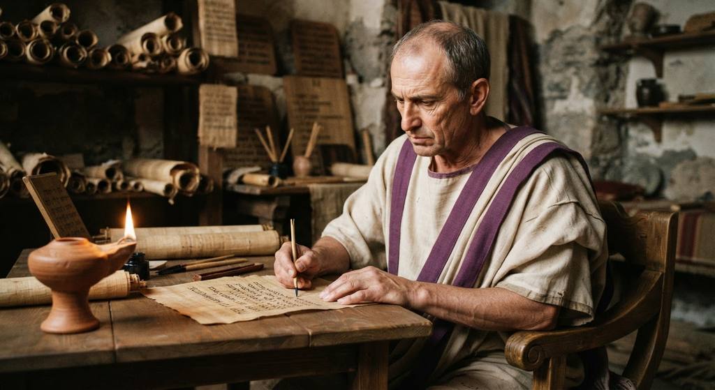 An aging Cicero sits by an oil lamp at his villa writing on papyrus scrolls late at night.