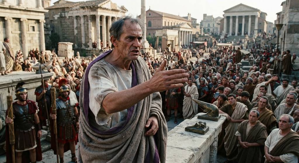 Cicero speaks passionately from the Rostra to a large, crowded Roman Forum on an autumn day.