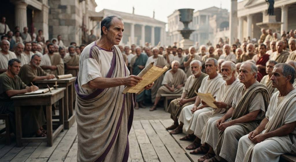 Cicero presents evidence scrolls to a panel of Roman jurors in an outdoor court near the Forum.