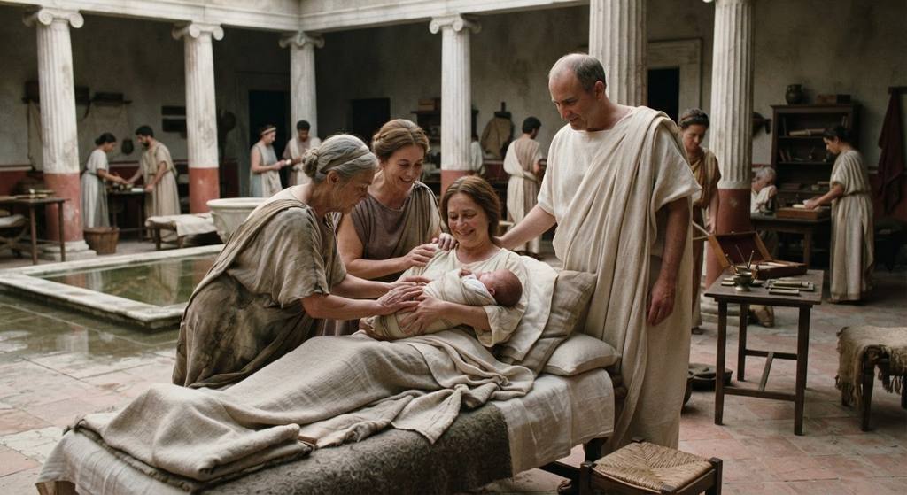 A newborn baby lies in a sunlit Roman courtyard in Arpinum surrounded by family members near marble pillars.