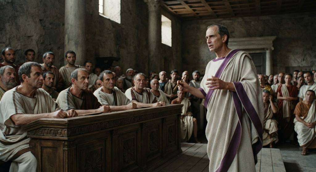 A young Cicero stands in a crowded stone basilica presenting a legal defense before Roman judges.