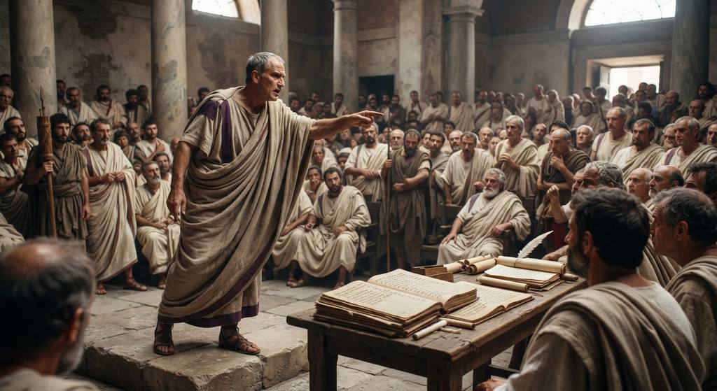 Cicero gestures toward financial ledgers while addressing a Roman court during the prosecution of Verres.