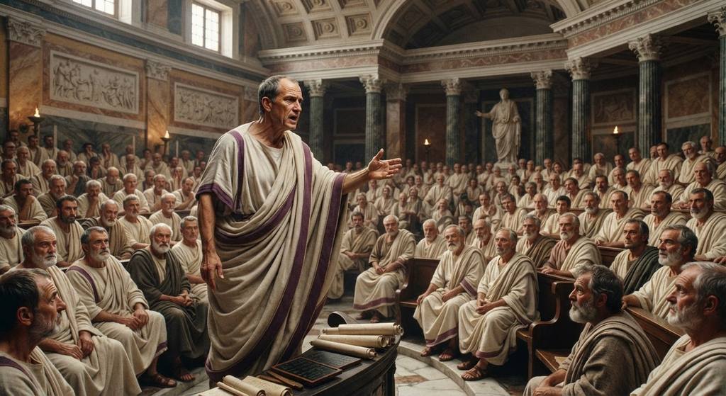 Cicero speaks with dynamic gestures before the Roman Senate inside the Temple of Concord.