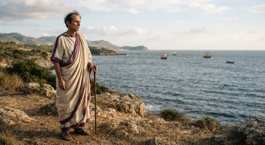 A man in a Roman toga stands on the Italian coast looking out toward distant ships on the horizon.