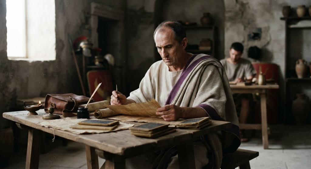 Cicero sits at an administrative table in a Roman office carefully reviewing provincial documents.