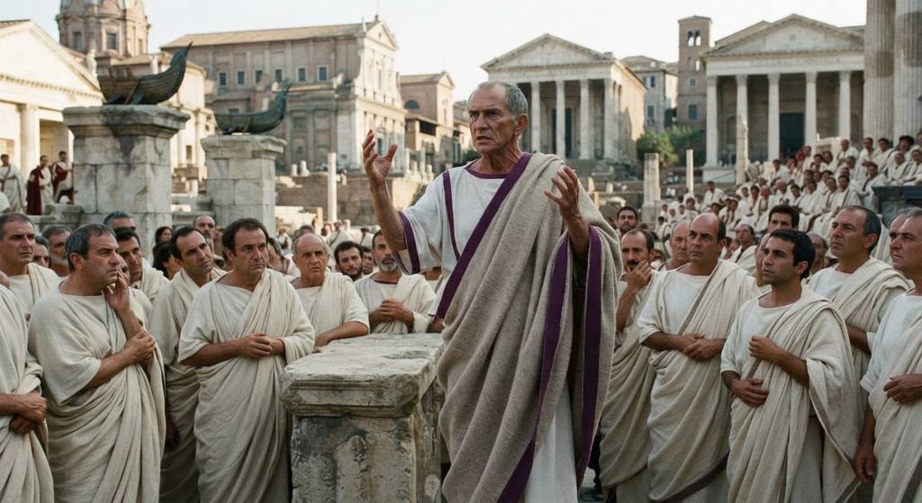 Cicero stands in the Roman Forum addressing a crowd of senators with his hands raised.