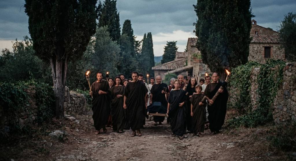 A quiet path at a Roman villa near Formiae is lined with tall cypress trees under a fading evening sky.