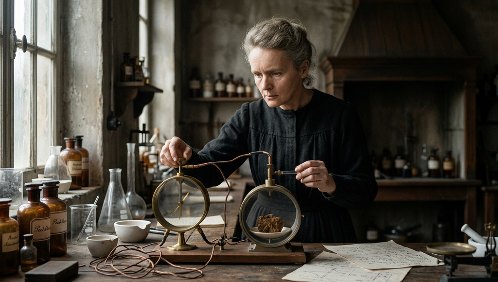 Marie Curie measures pitchblende ore using an electrometer on a laboratory table.