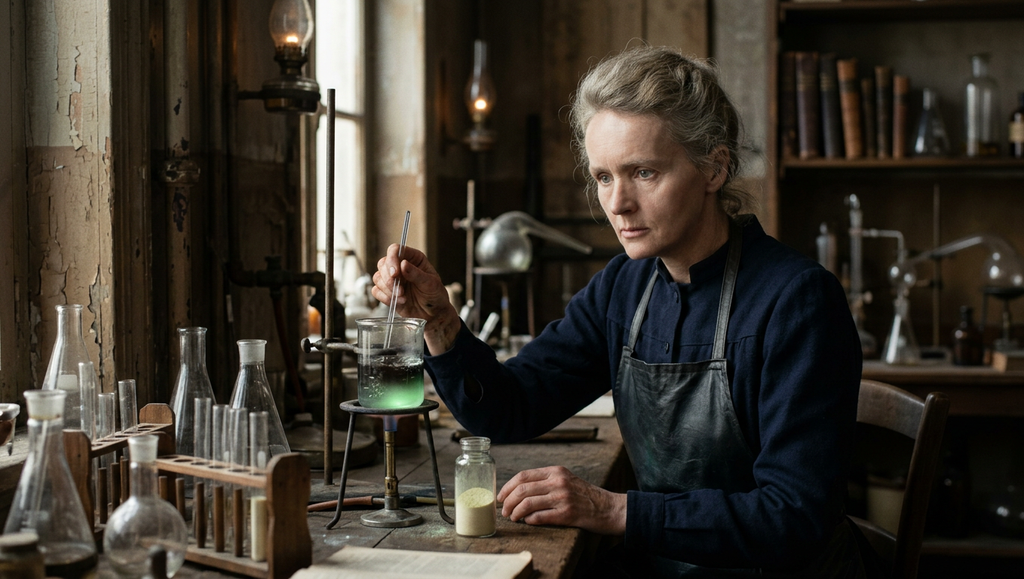 Marie Curie observes a faintly glowing radium solution inside a darkened shed laboratory.
