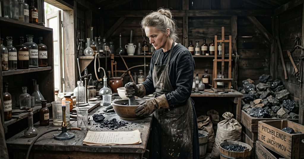 Marie Curie processes piles of pitchblende ore inside a rustic shed laboratory.