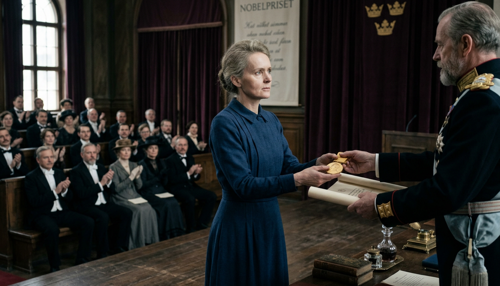 Marie Curie accepts a Nobel Prize honor on stage before a formal seated audience.