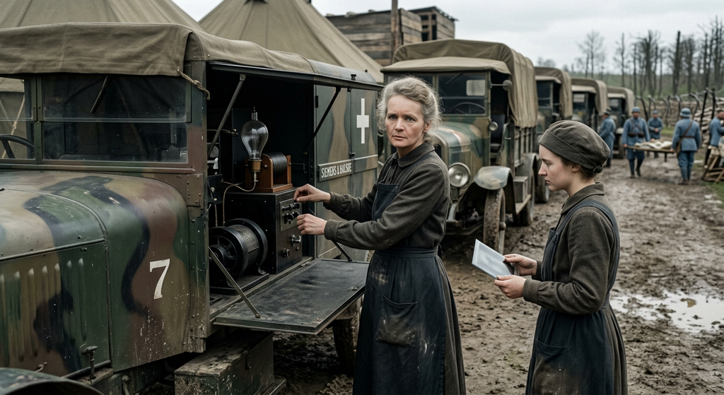 Marie Curie operates a mobile radiology unit beside an ambulance at a wartime field hospital.