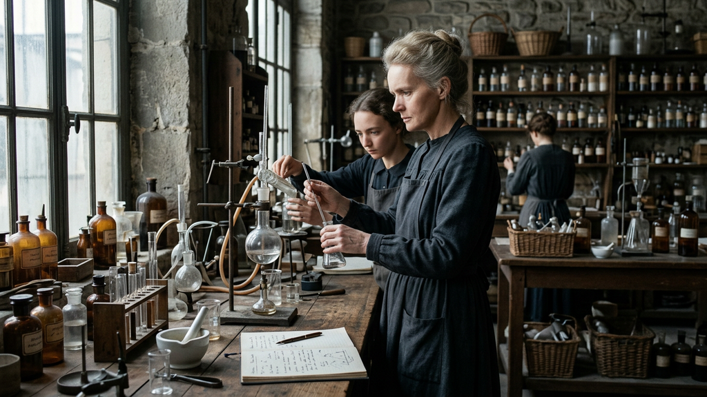 Marie Curie works alongside young researchers inside the bright Radium Institute laboratory.