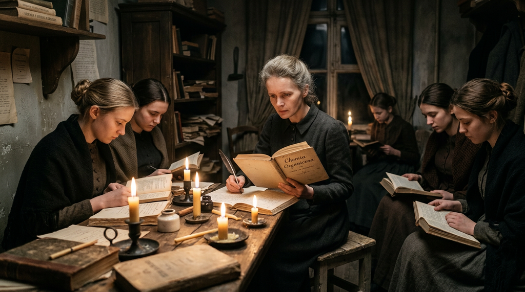 Young Marie Curie studies by candlelight alongside other women in a cramped apartment.