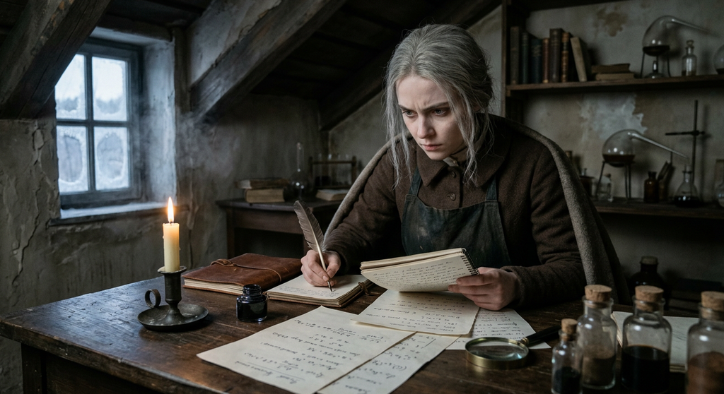 Marie Curie reads by candlelight inside a cold, sparse Paris attic apartment.