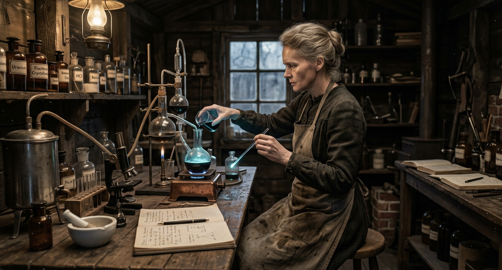 Marie Curie works in a dim shed laboratory alongside faintly glowing glass vessels.