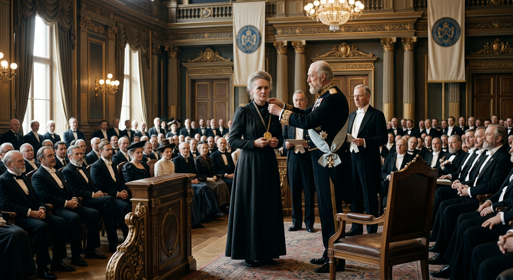 Marie Curie receives a medal inside a grand, ornate European ceremonial hall.