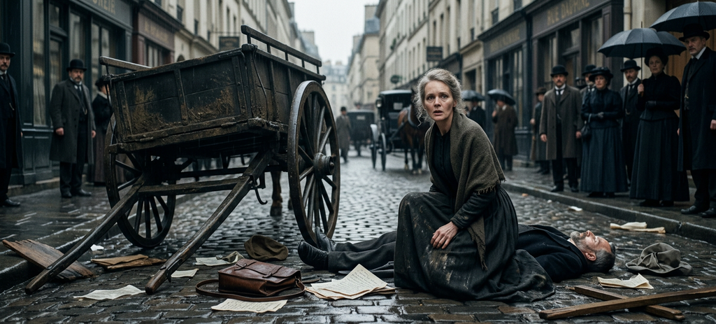 Scattered papers rest on wet cobblestones along a rainy Paris street near a horse-drawn cart.